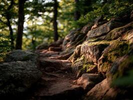 A Peaceful And Profound Forest Path Through A Rocky Outcrop photo