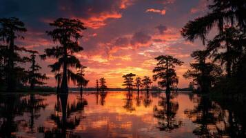 A Mystical Swamp At Sunset With An Ethereal Glow photo