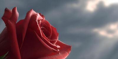 Closeup Red Rose Dew Drops Cloudy Sky Background photo