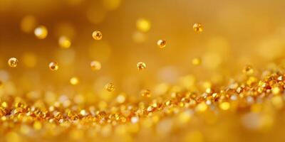 Golden Glitter Particles Falling on Gold Surface Sparkling Texture Background photo