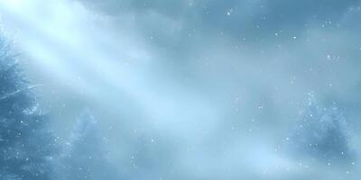 Snowy Winter Scene Blue Mist Frozen Trees Light Rays photo