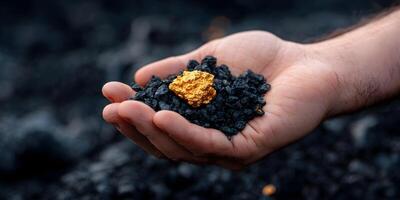 Hand Holding Gold Nugget and Black Sand Mining Gold photo