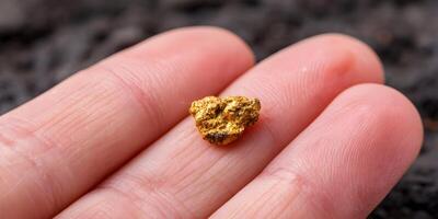 Closeup of a Hand Holding a Rough Gold Nugget on Dark Background photo