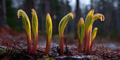 Five Young Dew Covered Plants Emerging from Forest Floor photo