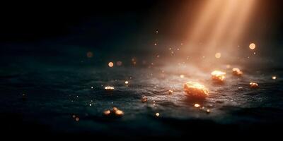 Golden Nuggets on Dark Surface Illuminated by Light photo