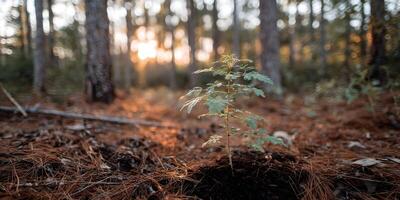 Young Tree Sapling Growing in Pine Forest at Sunset photo