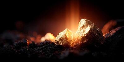 Glowing Gold Nuggets in Dark Volcanic Rock Illuminated by Light photo