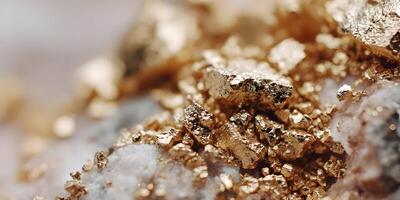 Closeup Gold Nuggets on White Rock Surface Golden Texture Background photo