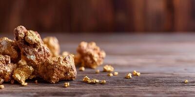Gold Nugget Pile on Wooden Surface Brown Background Natural Raw Gold Texture photo
