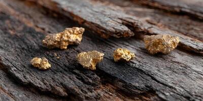 Gold Nugget Samples on Rustic Wood Background photo