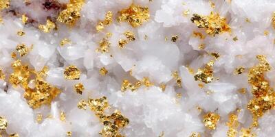 Closeup Gold Nuggets in White Quartz Crystal Mineral Texture photo