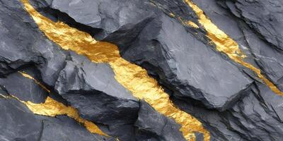 Dark Gray Rock Formation with Golden Veins Texture Background photo