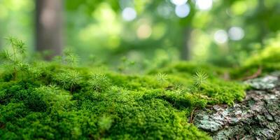 Closeup of Lush Green Moss with Small Pine Seedlings on Tree Bark in Forest Setting photo
