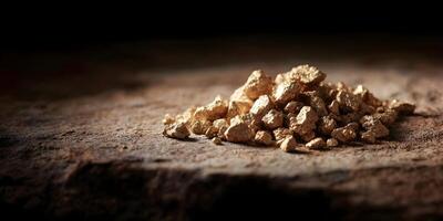 Gold Nugget Pile on Brown Surface Golden Mineral Wealth Texture photo