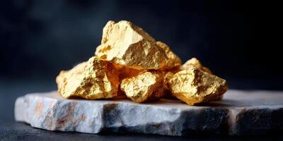 Gold Nugget Pile on Marble Slab Dark Background photo