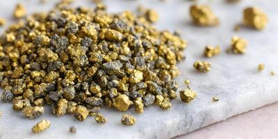 Gold Nugget Pile on Marble Surface Closeup Photography photo
