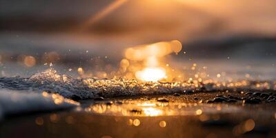 Golden Hour Ocean Waves Crashing on Pebbles Beach Sparkling Water Sunset Scene photo