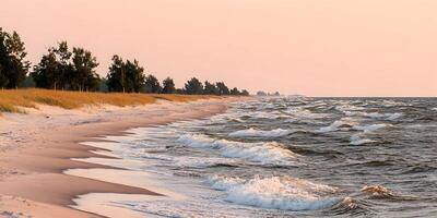 Sandy Beach Coastline with Waves and Trees at Sunset Calm Ocean Scenery photo