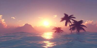 Ocean Sunset Scene with Palm Trees and Mountain Silhouette photo