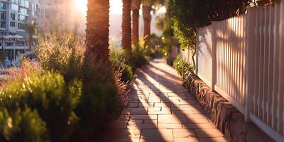 Sunlit Pathway Morning Sunlight Palm Trees Stone Walkway Fence photo