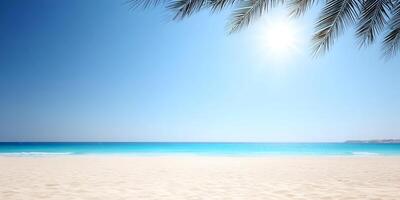 Sunny Beach Scene with Palm Tree Branches and Blue Ocean photo