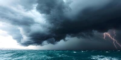 Dark Storm Clouds over Ocean with Lightning photo