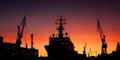 Silhouette of Ship at Sunset with Harbor Cranes photo