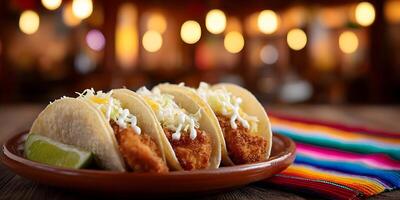 Crispy Fish Tacos with Cabbage and Creamy Sauce Mexican Food Restaurant Setting photo