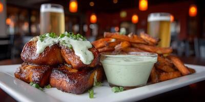 Crispy Fried Tofu Bites Sweet Potato Fries Creamy Green Sauce Garnish photo