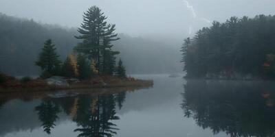 Misty Lake Scene with Lightning Strike and Fall Foliage Island photo