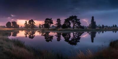 Sunset Storm Landscape Trees Reflection Lake Lightning Sky photo