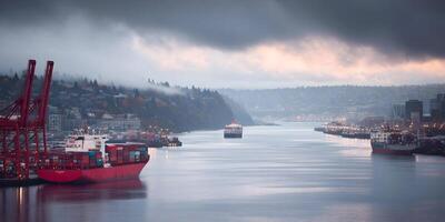 Cargo Ships at Dusk Cityscape Container Port Shipping photo