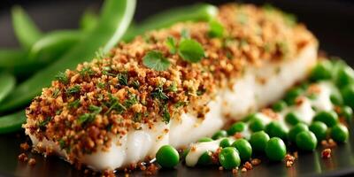 Delicious Crispy Breadcrumb Crusted Fish Fillet with Peas and Sauce photo
