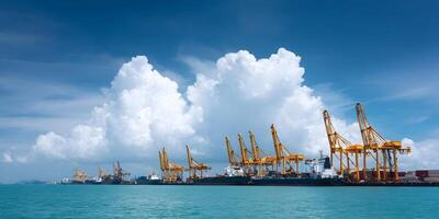 Cargo Ships at Port with Yellow Cranes and Cumulus Clouds photo
