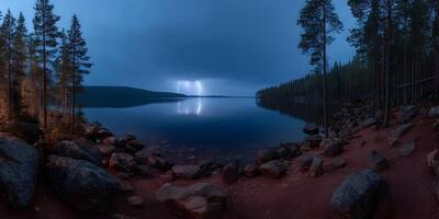 Lightning Strike Over Calm Lake and Pine Forest at Dusk photo