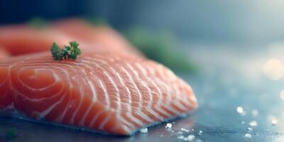 Fresh Salmon Fillet Closeup with Parsley Garnish and Salt Crystals on Dark Background photo