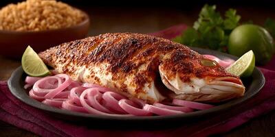 Roasted Red Snapper with Red Onions and Lime Slices photo