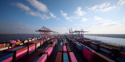 Aerial View of Container Terminal Cargo Ships and Cranes Import Export Global Trade photo