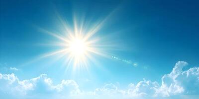 Bright Sun Shining in Blue Sky with Clouds Background Image photo