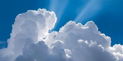 Bright Sunlight Rays Shining Through Fluffy Cumulus Clouds Blue Sky photo