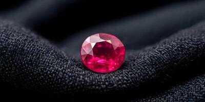 Round Brilliant Cut Red Ruby Gemstone on Dark Fabric Closeup photo