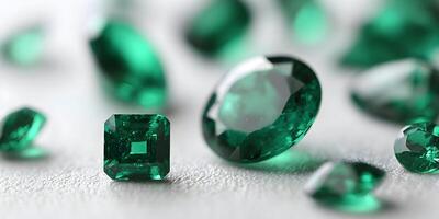 Collection of Green Emerald Gemstones on White Background photo
