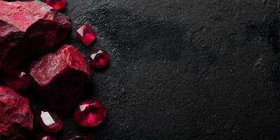 Red Ruby Stones and Crystals on Black Background Precious Gems Collection photo
