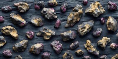 Raw Purple Ruby Stones on Dark Grey Slate Background photo