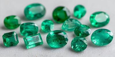 Collection of Green Emeralds Precious Gemstones Oval Round Square Shapes photo