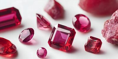 Assorted Red Ruby Gems and Crystals on White Background photo