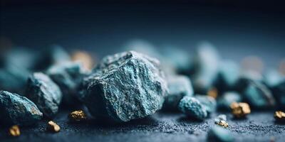 Teal and Gold Nugget Stones Pile Dark Background photo