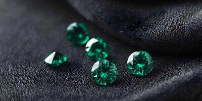 Five Emerald Gemstones on Dark Fabric Luxurious Green Emerald Jewels on Black Textile photo