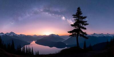 Milky Way Galaxy Over Mountains Lake and Pine Tree at Sunrise photo