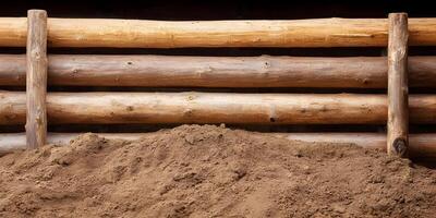 Pile of Brown Soil in Front of Wooden Log Wall photo